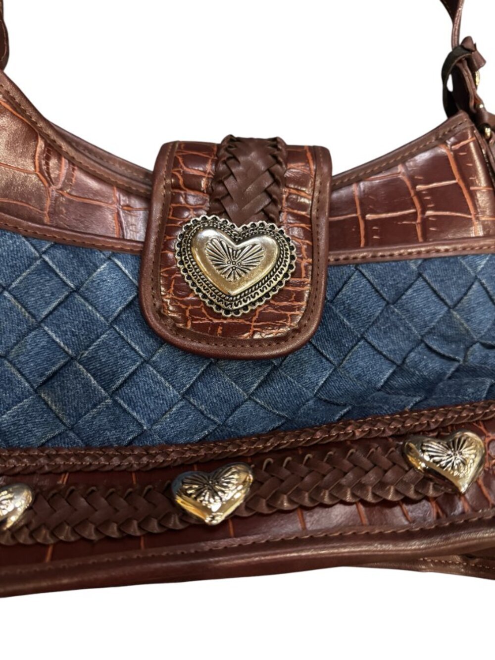 Vintage Brighton Denim & Croc Embossed Leather Shoulder Bag - Picture 4 of 6